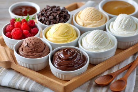 Variety of ice cream flavors and toppings presented on a wooden tray, creating a delightful dessert sceneの素材