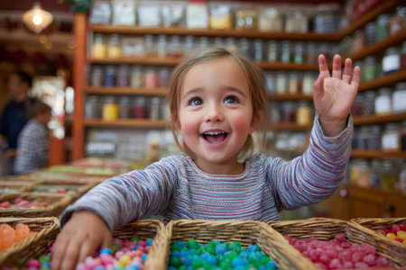 Happy little girl picking colorful candy in a traditional candy store, waving with excitementの素材