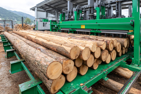 Freshly cut logs transported on conveyor belt, entering woodworking machine in sawmill for further processingの素材