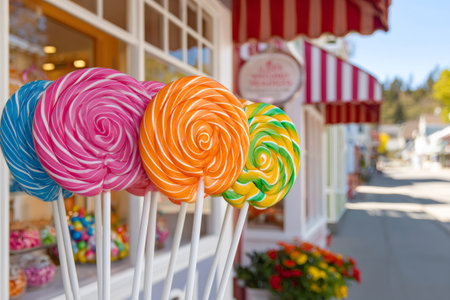 Brightly colored swirl lollipops on sticks are displayed outside of a candy store, creating a sweet temptationの素材