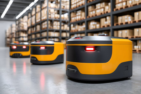 Modern warehouse robots transporting goods between shelves using automated guided vehicle systemの素材
