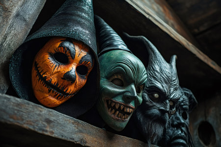 Spooky masks representing different Halloween characters are displayed on a rustic wooden shelf, creating a chilling atmosphereの素材