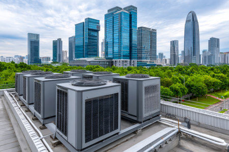 Industrial air conditioning units are installed on a rooftop, providing cooling for buildings in a bustling cityscapeの素材