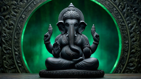 Black statue of Ganesha sitting in lotus pose against a green backdrop, representing Hindu spirituality and wisdomの素材
