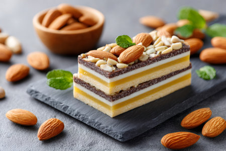 Layered dessert with almonds and mint resting on a dark slate, showcasing a sweet treatの素材