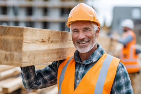 Senior construction worker carrying wooden plank on shoulder, smiling at construction siteの素材