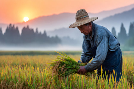 Senior farmer harvesting rice in a paddy field at sunrise, creating a serene and idyllic agricultural sceneの素材