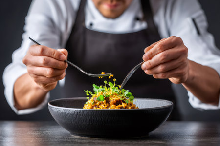 Professional chef adding the final touch to a delicious risotto dish, garnishing with fresh microgreens and spicesの素材
