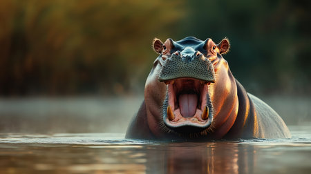 Hippopotamus yawning widely in calm water at sunsetの素材