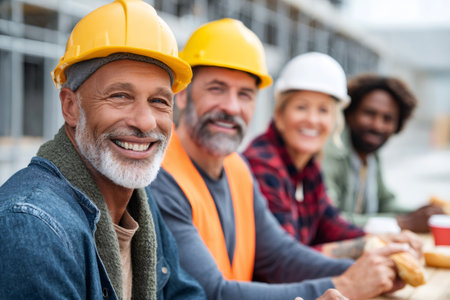 Group of construction workers relaxing during their lunch breakの素材