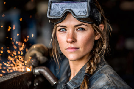 Focused welder in action, sparks illuminating her determined expressionの素材