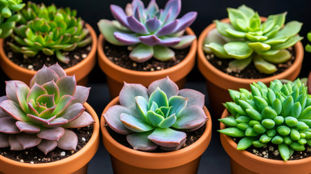 Small colorful succulent plants growing in terracotta pots, echeveria, sedum and other generaの素材