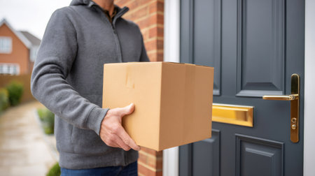 Delivery person handing over a package at a home's doorstepの素材