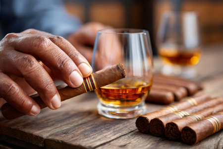 Close up of hand holding a cigar near a glass of rum, with more cigars resting on a wooden table, creating a luxurious and relaxing atmosphereの素材