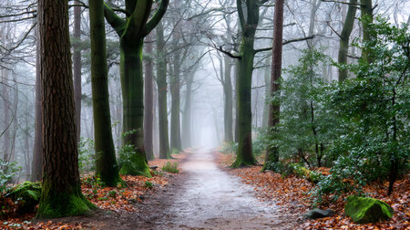 Mysterious path extending into a foggy forest during autumnの素材