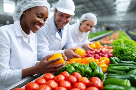 Workers examining vegetables on a conveyor belt in a food processing plantの素材