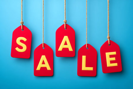 Red sale tags spelling sale hang against a vibrant blue backdropの素材
