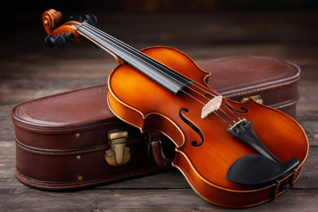 Classic violin displayed on a wooden surfaceの素材