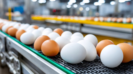 Fresh chicken eggs are moving on a conveyor belt in a modern food processing factoryの素材