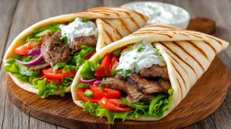 Delicious greek gyros with beef, tomato, onion, cucumber, lettuce and tzatziki sauceの素材