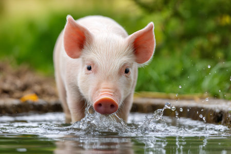 Cute pink piglet drinking and splashing water in a pond on a sunny dayの素材