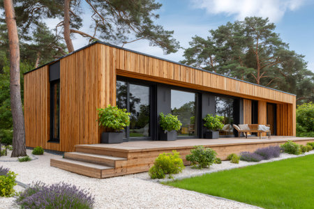 Contemporary wooden home surrounded by greenery and peaceful gardenの素材