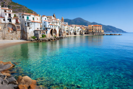 Picturesque village by the sea with vibrant turquoise waters and historic architectureの素材