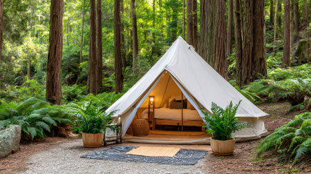Luxurious glamping tent amidst a redwood forest, creating a serene and immersive natural escapeの素材