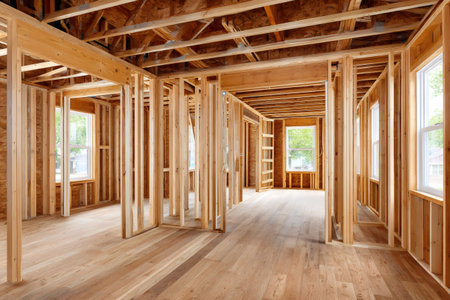 Interior framing of a new wooden house under construction showing the walls and hardwood floorの素材