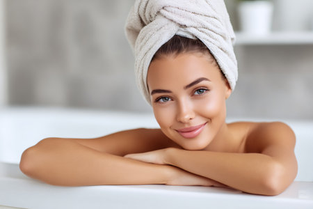 Young woman enjoying a relaxing bath with a towel wrapped around her hairの素材