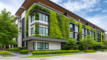 Contemporary building featuring lush vertical greenery on exterior wallsの素材