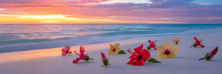 Colorful hibiscus flowers lying on the sand of a tropical beach at sunset, creating a romantic and exotic atmosphereの素材
