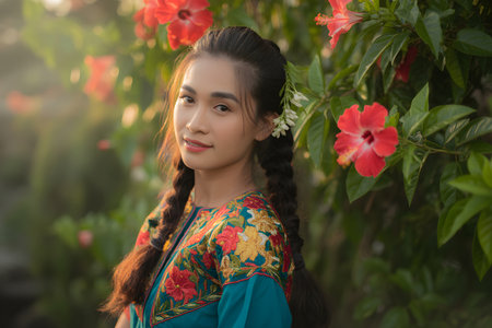 Young Vietnamese woman wearing traditional ao dai enjoying the sunset in a garden with red hibiscus flowersの素材