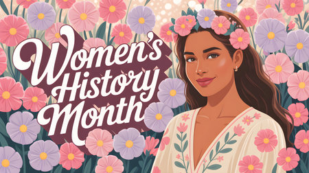 Illustration celebrating women's history month with a beautiful woman wearing a flower crownの素材