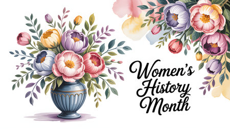 Colorful flowers arranged in a blue vase for women's history month celebrationの素材