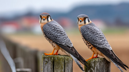 Two American kestrels are standing on weathered wooden fence posts, alert and observing their surroundingsの素材
