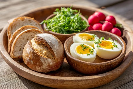 Enjoying a nutritious breakfast with whole wheat bread, boiled eggs, garden cress, and radishes served on a wooden plateの素材