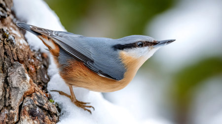 Nuthatch bird perching on snowy tree trunk in winter forestの素材