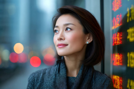 Businesswoman looking at stock market data displayed on a digital board, feeling hopeful about her future investmentの素材