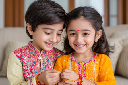 Indian brother and sister smiling and tying rakhi bracelet during raksha bandhan festivalの素材