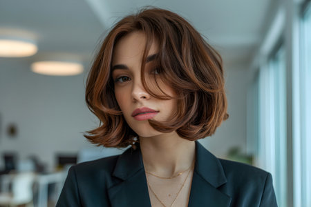 Portrait of a confident young businesswoman with a stylish bob haircut, exuding professionalism in a modern office settingの素材
