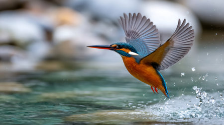 Common kingfisher flying low over a stream, creating splashes with its red feetの素材