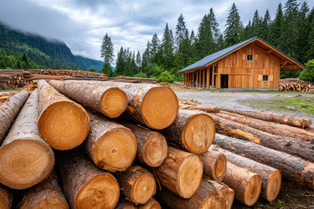 Large stacks of freshly cut logs are drying in front of a wooden warehouse, ready for processing and distribution in the timber industryの素材