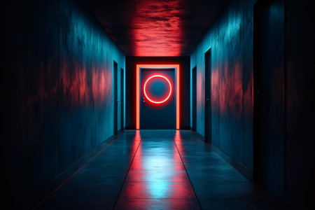 Dark hallway illuminated by a vibrant neon circle on a doorの素材
