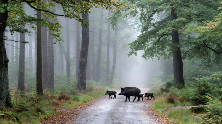 Wild boar family crossing a road in a misty forest during autumnの素材