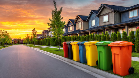 Residential street with colorful garbage and recycling bins lined up at curbside for collection at sunsetの素材