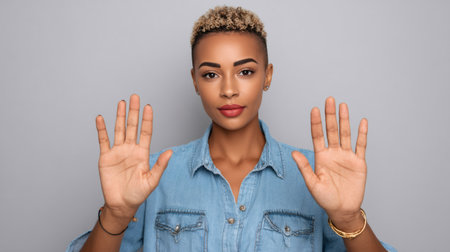 Serious young woman showing stop gesture with both hands, expressing denial or rejectionの素材