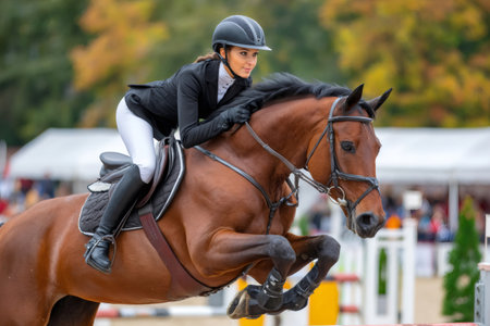 Horse and rider performing a jump at an equestrian competition, showcasing elegance and athleticismの素材