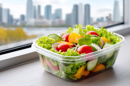 Healthy vegetable salad in plastic container on windowsill with cityscape view, promoting a healthy lifestyleの素材