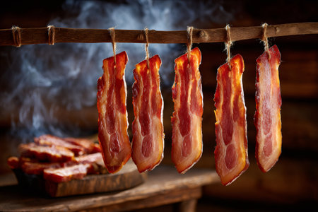 Delicious strips of bacon are hanging and smoking in a smokehouse, showcasing traditional food preservationの素材